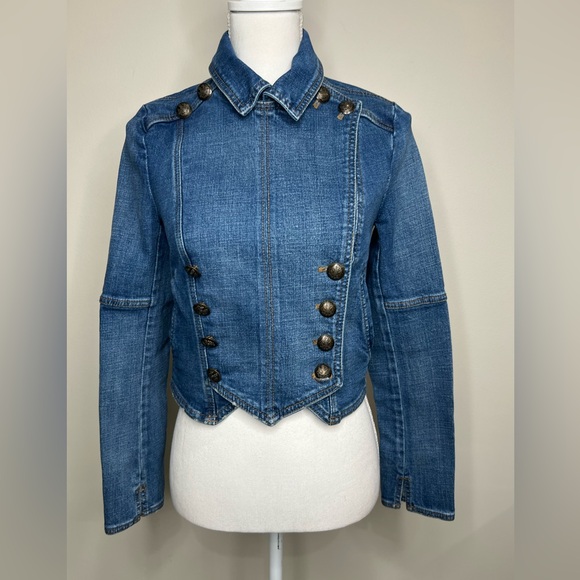 Free People Denim Military Band Jacket Double Breasted Blue Jean Cropped Size XS - Picture 1 of 16